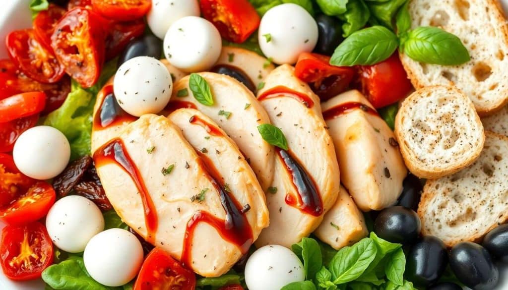Salade estivale de volaille marinée, tomate, basilic et mozzarella