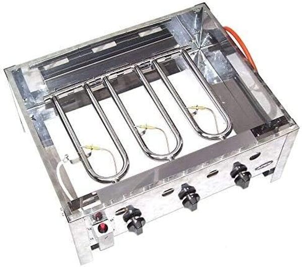 D&L Barbecue à gaz professionnel 55510 + kit de barbecue 511 avec grille, couvercle de brûleur et bac récupérateur de graisse, cocotte à gaz en acier inoxydable 10 kW 3 feux, rôtissoire à gaz,