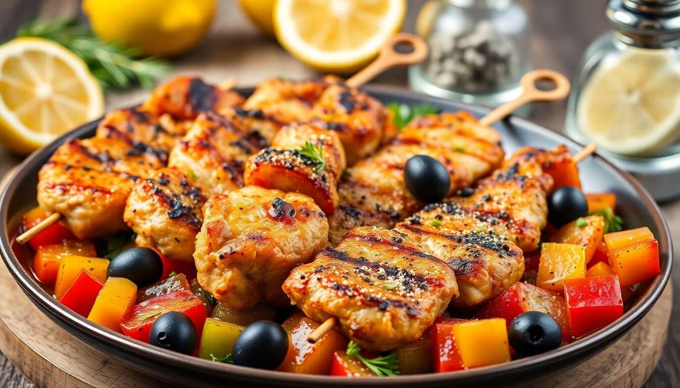 Brochettes de poulet : recette rapide à la ratatouille et olives noires