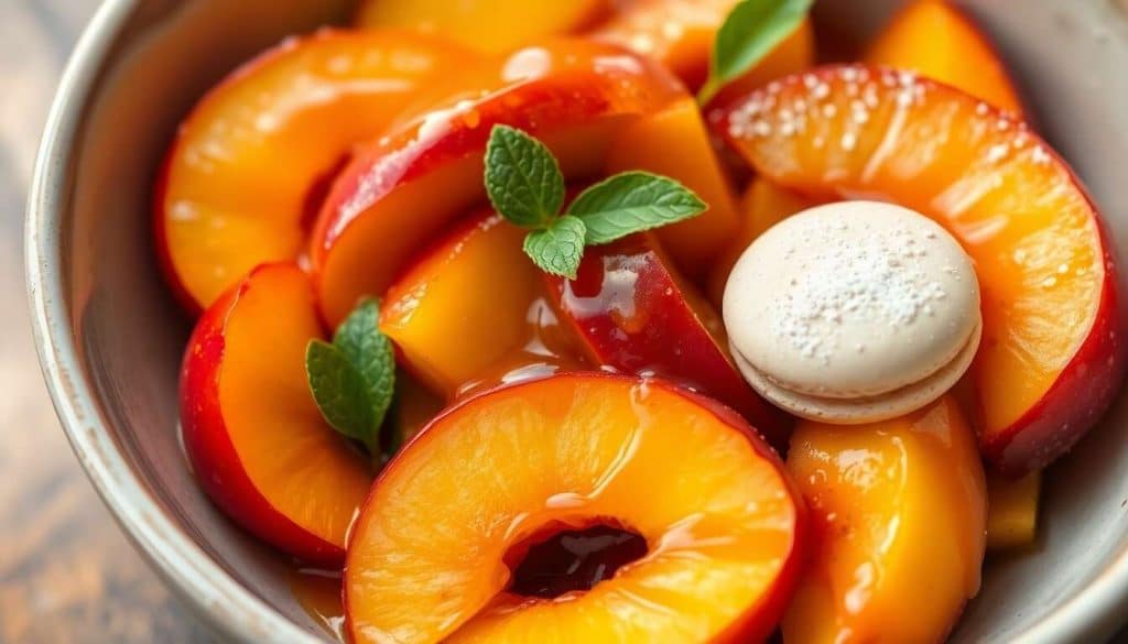 Salade de pêches et abricots au caramel : recette avec macaron moelleux