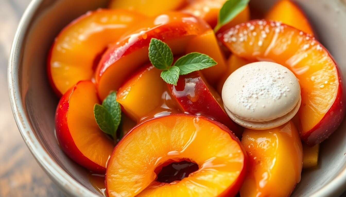 Salade de pêches et abricots au caramel : recette avec macaron moelleux