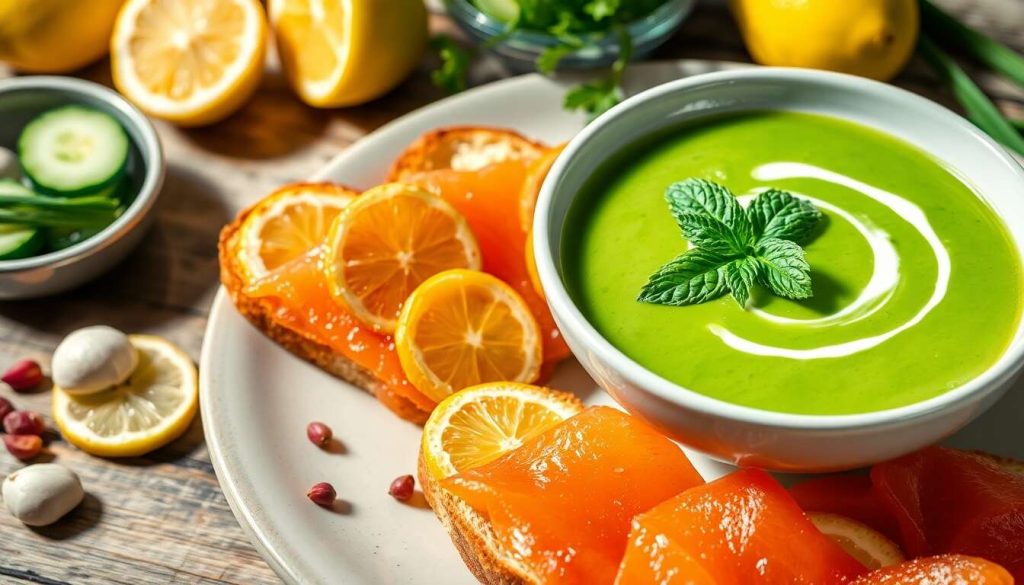 Gaspacho crémeux de concombre à la menthe : pain grillé au saumon mariné