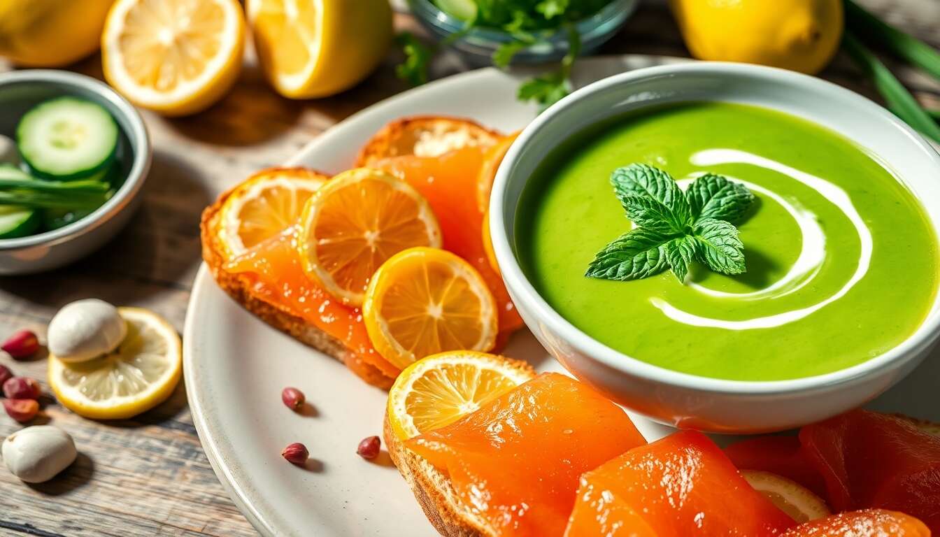 Gaspacho crémeux de concombre à la menthe : pain grillé au saumon mariné