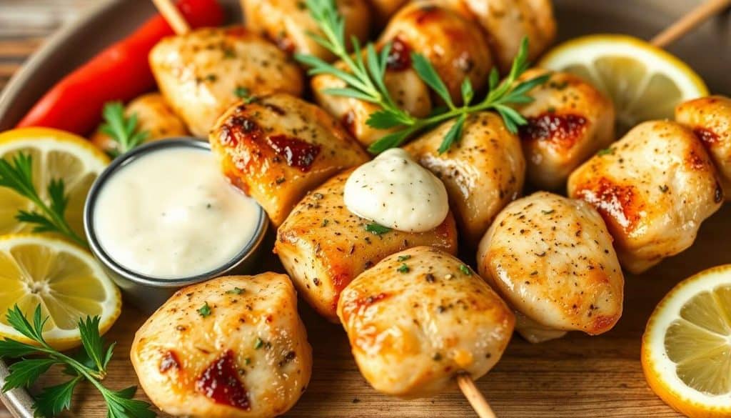 Brochettes de poulet marinées à la provençale avec aïoli maison