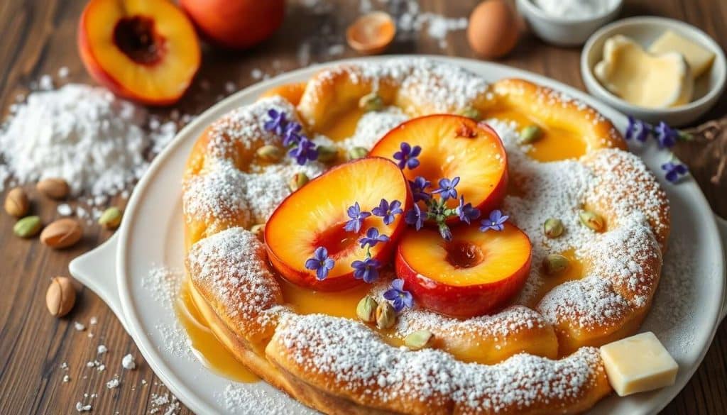 Clafoutis de pêches au miel : crème fraîche pistache et lavande