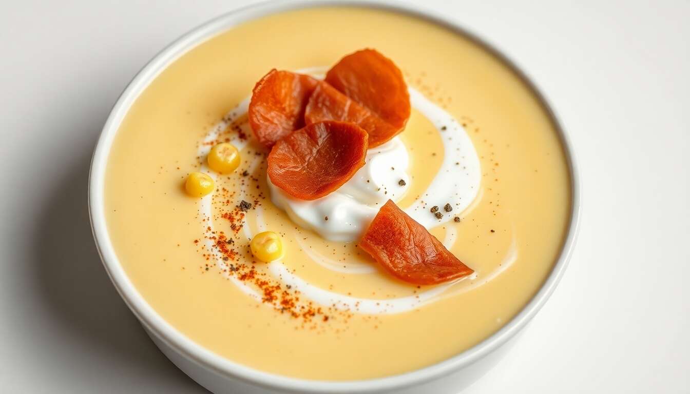 Soupe glacée de maïs au paprika, chantilly fumée et chips de jambon