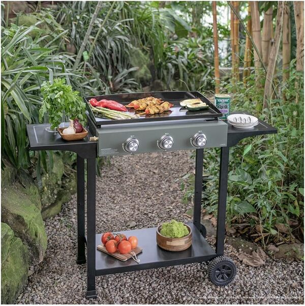 LIVOO - Plancha gaz 3 brûleurs sur chariot DOC326 - puissance totale de 7,5 kW, 62 x 34,5 cm, 6 à 8 personnes, butane et propane