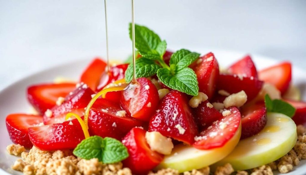 Carpaccio de fraises et salade de pommes Granny Smith avec crumble de cacahuètes