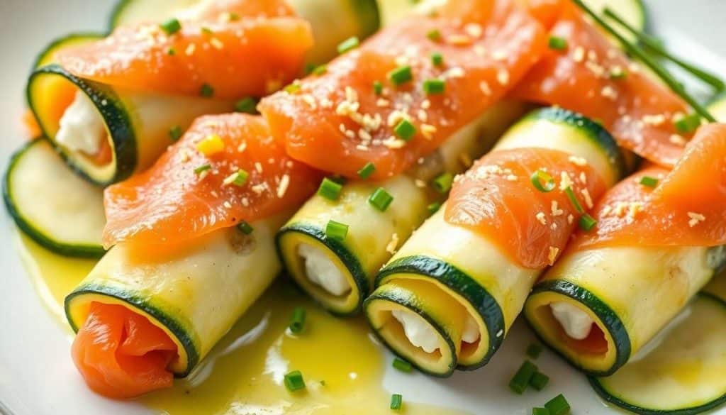 Cannelloni de courgettes au chèvre, ciboulette et saumon fumé