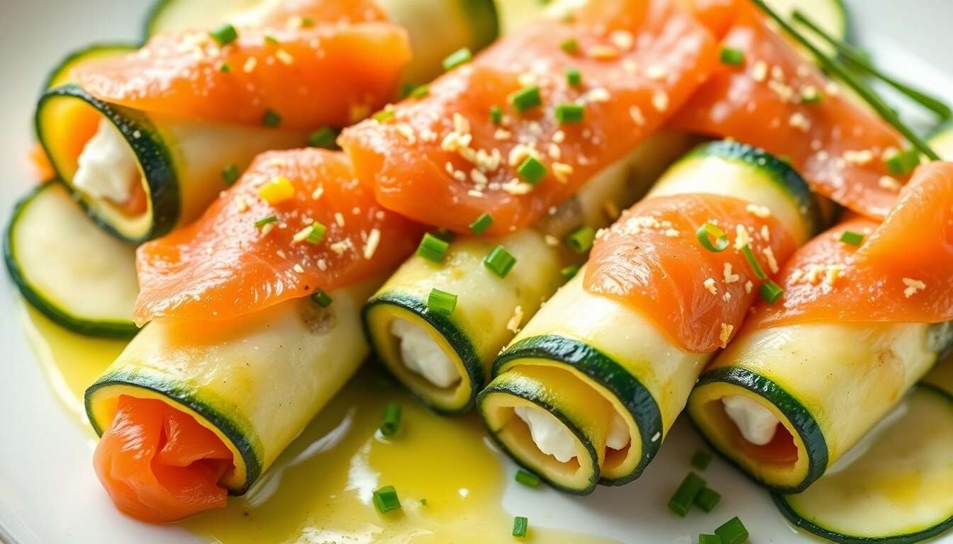 Cannelloni de courgettes au chèvre, ciboulette et saumon fumé