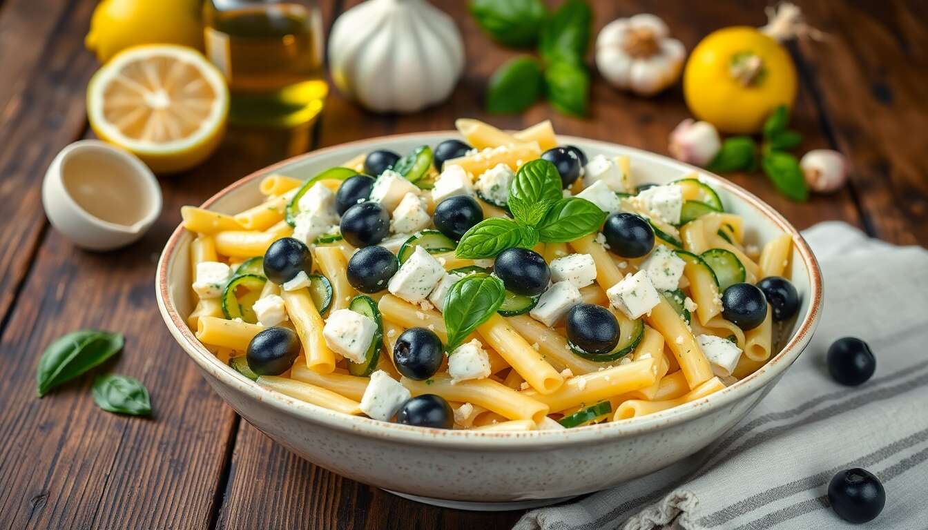 Salade de penne aux courgettes, chèvre frais, basilic et olives