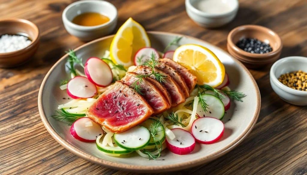Longe de thon avec salade de fenouil, radis et concombre, sauce citronnée