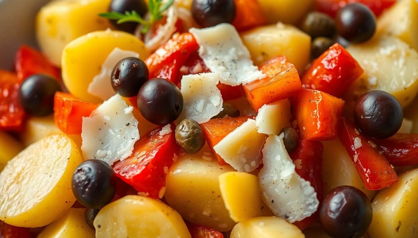 Salade de Pommes de Terre, poivrons Confits et Copeaux de Brebis : recette Savoureuse