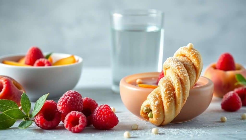 Soupe glacée aux pêches et framboises à la mélisse : sacristain pistache
