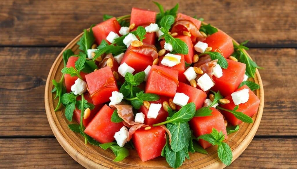 Salade de pastèque, jambon cru, roquette et chèvre : recette fraîche et estivale
