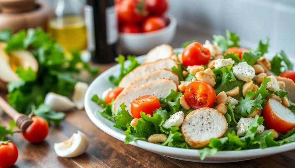 Salade de roquette au poulet et chèvre frais : saveurs du sud