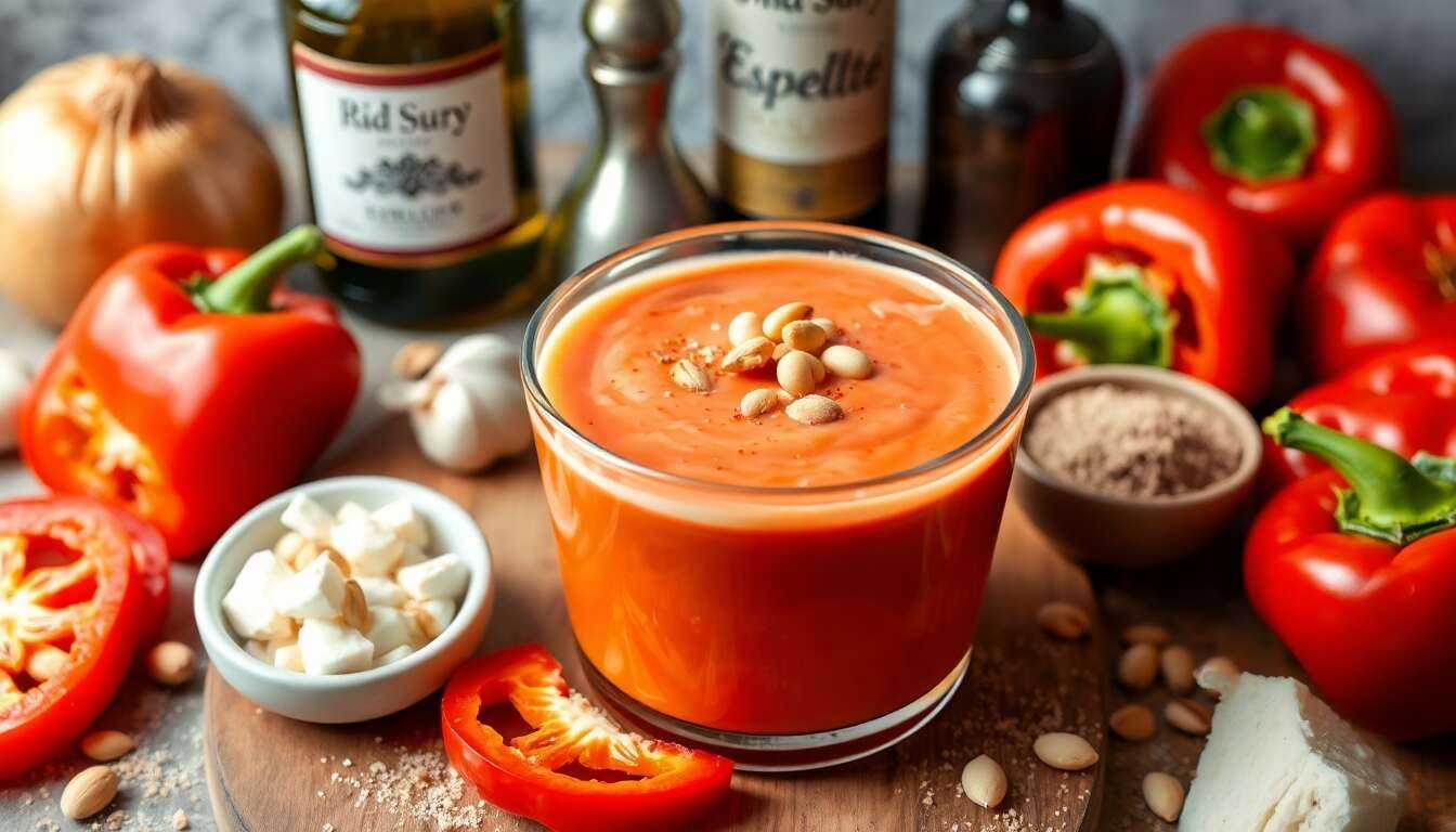 Velouté de poivrons glacé, fromage frais et pignons en verrine