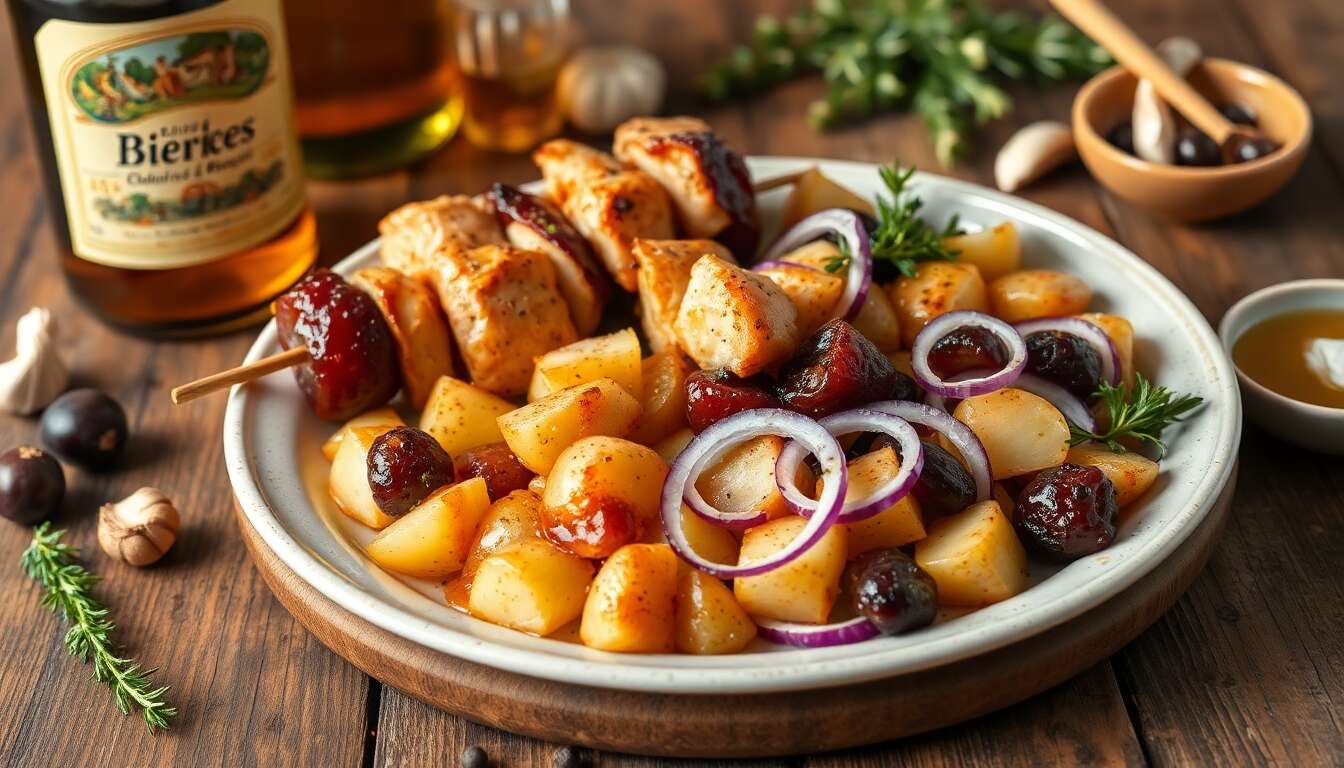 Brochettes de volaille, pruneaux caramélisés à la bière et salade de pommes de terre