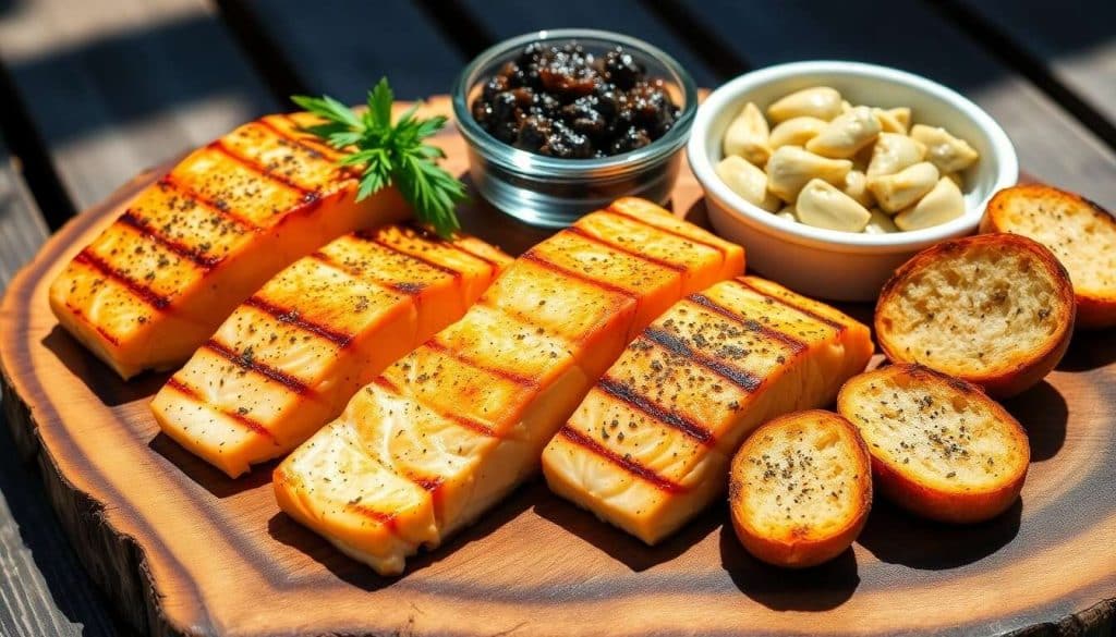 Escalopes de saumon grillées : recette au barbecue avec bruschetta, tapenade et artichauts