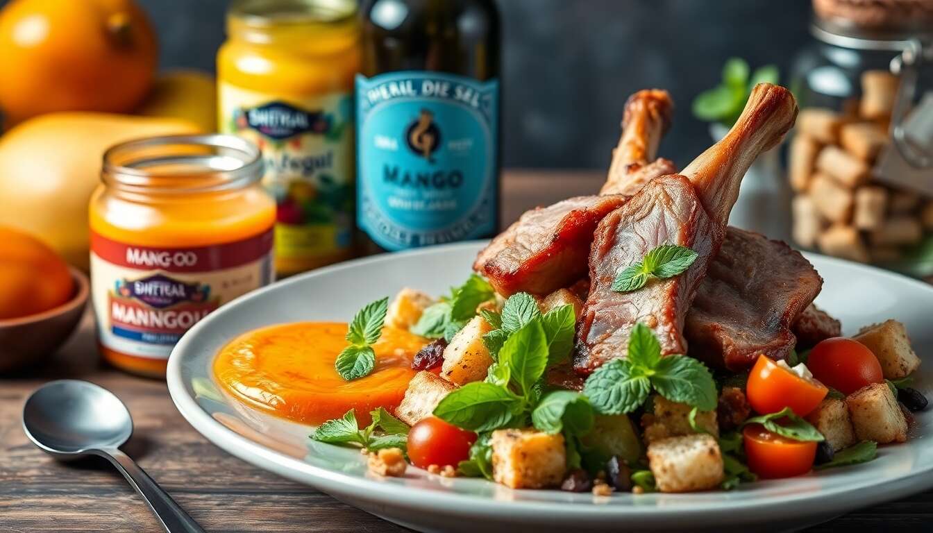 Gaspacho de mangue et tomates : salade croustillante au confit de canard