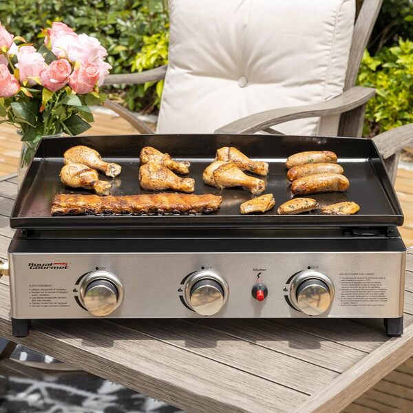 Royal Gourmet Plancha Gaz en Acier Émaillé, 3 Brûleurs Puissance 7.5kW, Surface Cuisson 62,0 x 35,5 cm, Portable pour Le Camping et l' Extérieur, Noir