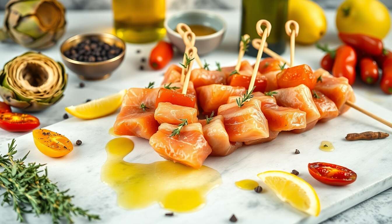Minibrochettes de saumon fumé au thym, légumes à la plancha