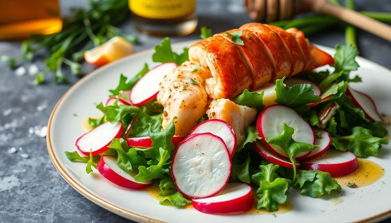 Recette de salade de homard breton, vinaigrette passion et condiment pomme-radis