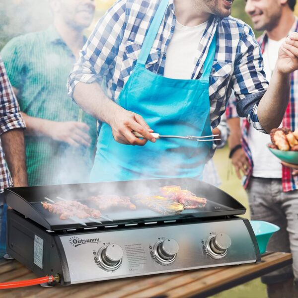 Outsunny Plancha gaz en acier inox 3 brûleurs 9 kW antiadhésive grande surface de gril 61 x 35,5 cm