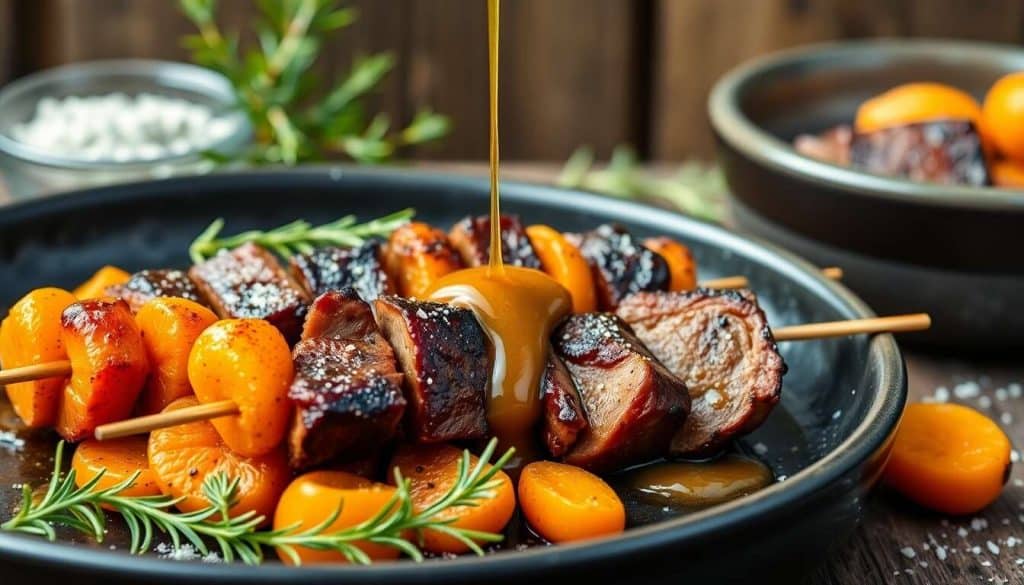 Brochette de magret de canard et abricot au barbecue : recette sauce miel-moutarde
