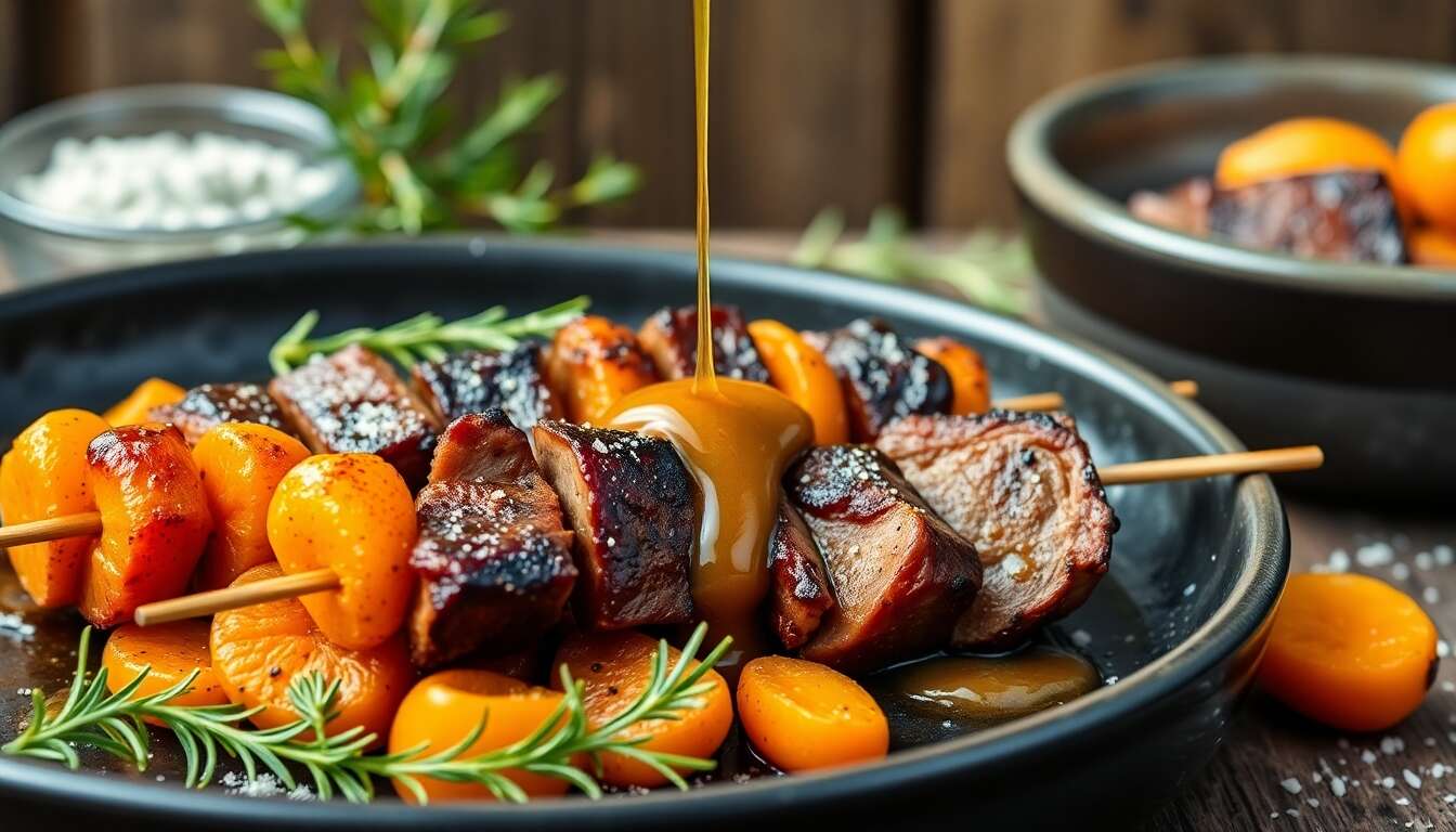 Brochette de magret de canard et abricot au barbecue : recette sauce miel-moutarde