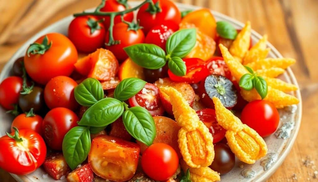 Salade Fraîcheur de Tomates et Tempura de Fleurs de Courgettes au Curry