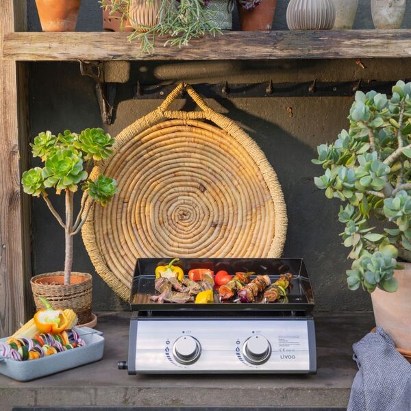Livoo - Plancha gaz DOC296-2 brûleurs de 5kW en acier inoxydable, surface cuisson 48x36cm, 6 personnes, plaque 3,5 mm, butane et propane