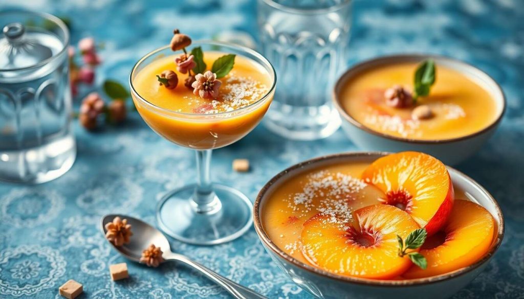 Soupe glacée de pêches : gelée à la verveine et tuiles au praliné