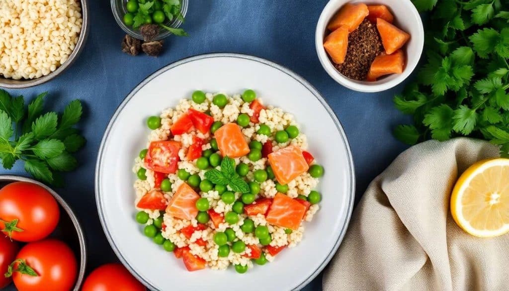 Taboulé minute aux tomates, pois et saumon : recette fruit de la passion