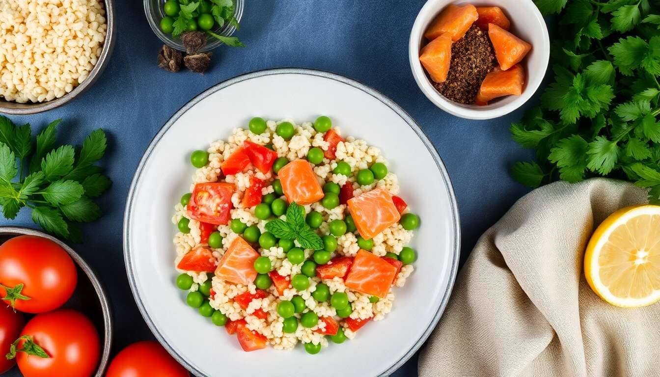 Taboulé minute aux tomates, pois et saumon : recette fruit de la passion