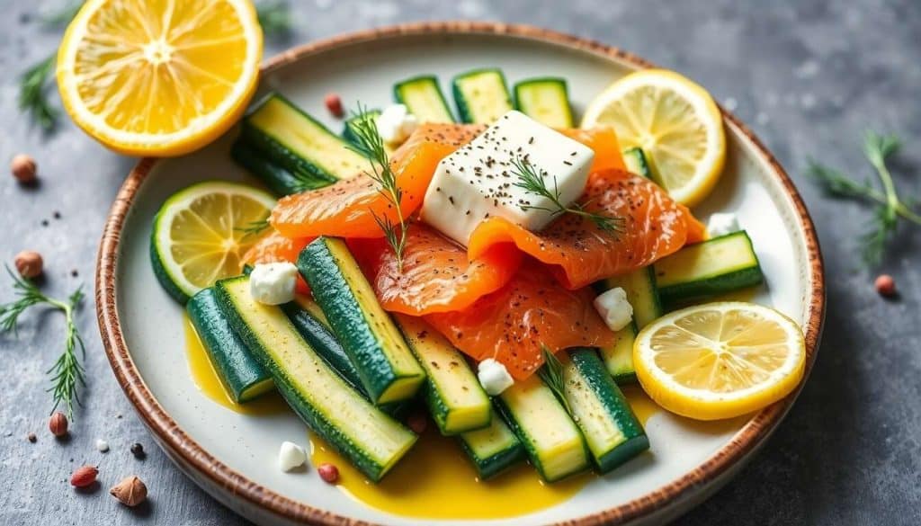Roulés de courgettes marinées au chèvre frais et saumon à l'aneth