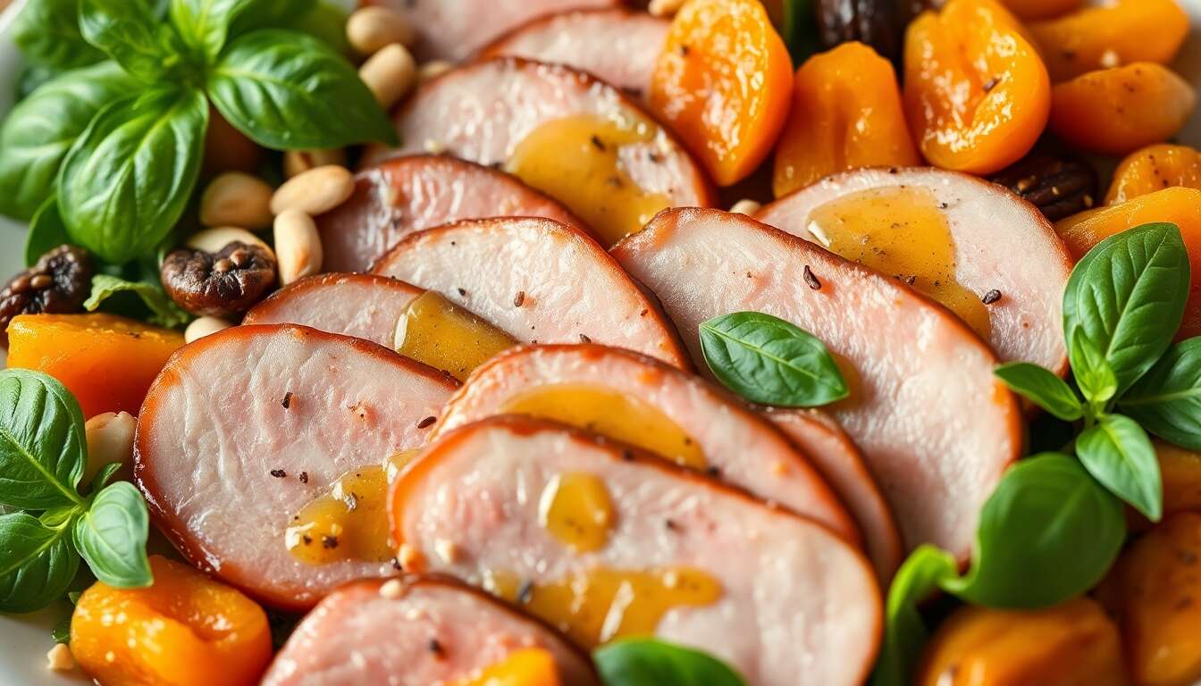 Salade abricot basilic, huile d'argan et magret fumé