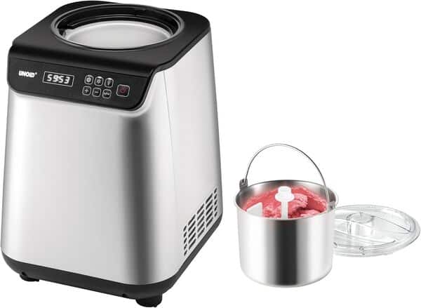 Unold Uno 48825 Sorbetière – Compresseur auto-refroidissant, entièrement automatique, 135 W, refroidissement à -35 °C, écran LCD, récipient en acier inoxydable, minuterie, compresseur [Classe énergétique B]