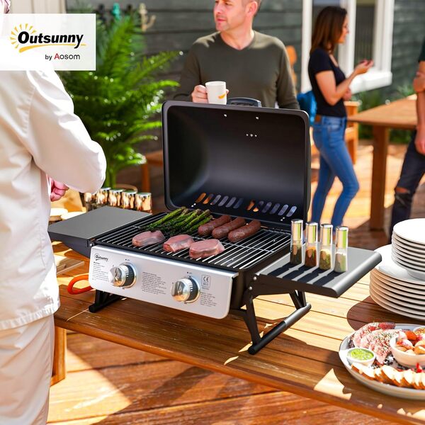 Outsunny Barbecue à gaz avec 2 brûleurs en acier inoxydable 2,8 kW Barbecue portable avec tables latérales pliantes, plateau amovible et thermomètre pour pique-nique camping 101 x 48 x 41 cm Noir