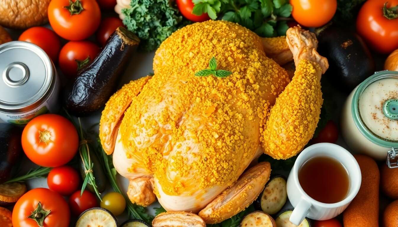 Poulet grillé entier pané à la moutarde avec tian de légumes