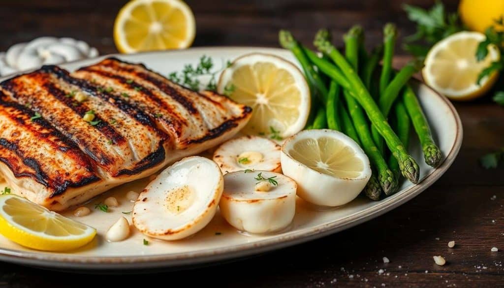 Salade d'asperges, coquillages à l'estragon, rouget grillé et tartare de Saint-Jacques