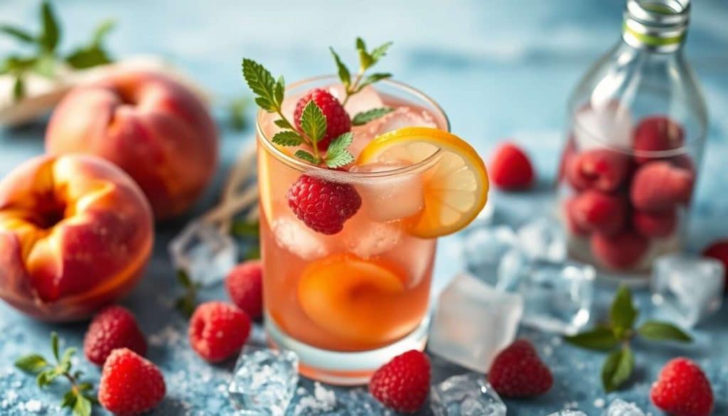 Potion magique glacée aux pêches, framboises et mélisse