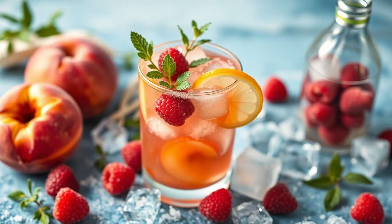 Potion magique glacée aux pêches, framboises et mélisse