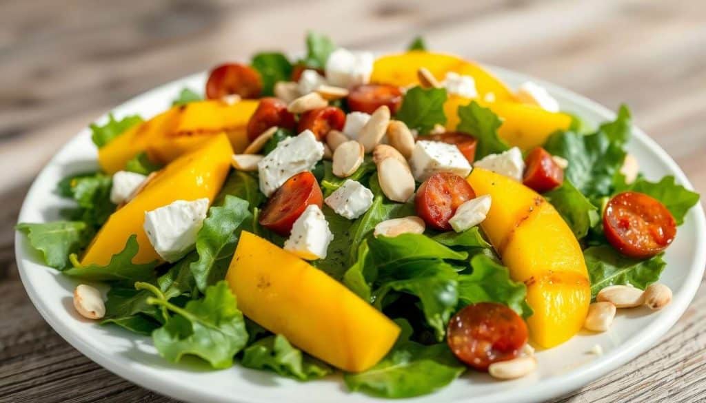 Salade Épicure : mangue, amandes, feta et chorizo à la plancha