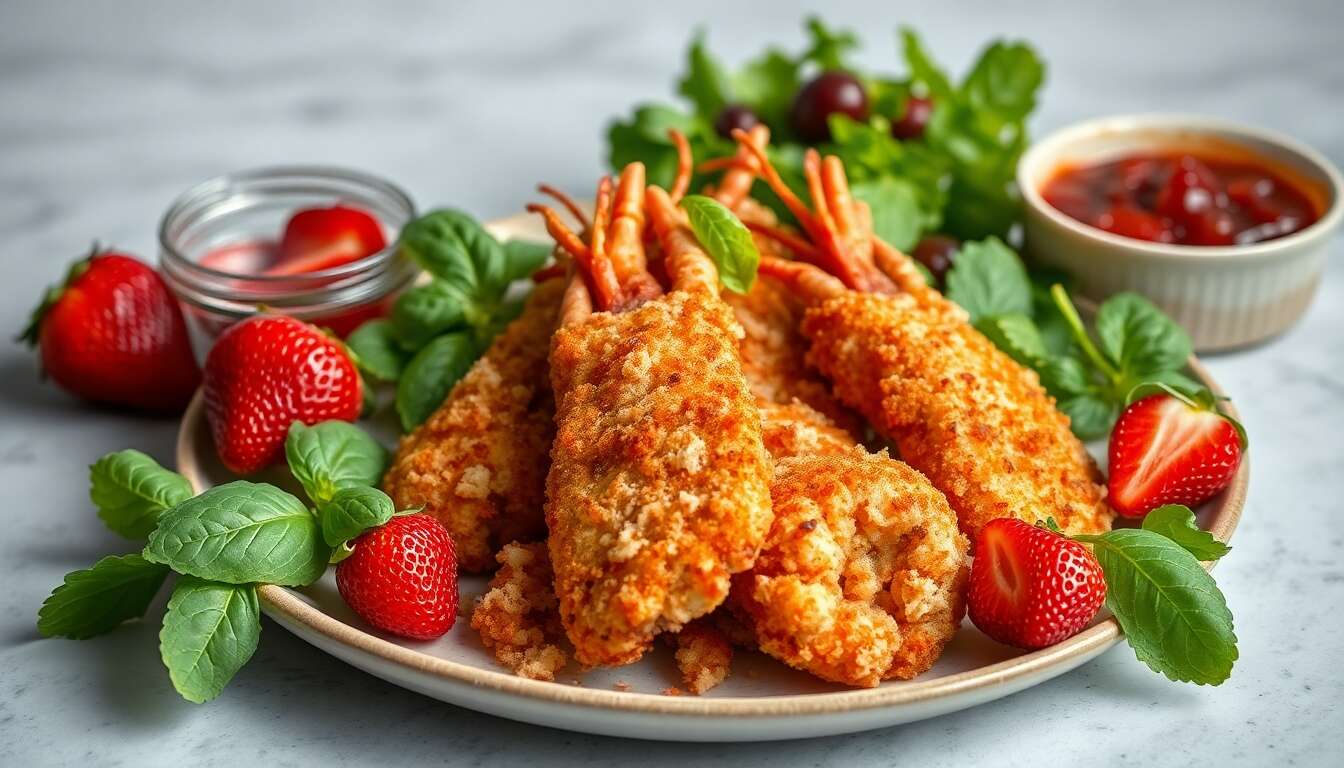 Langoustines croustillantes au basilic : recette gourmande avec salade poivrée, fraises et chutney de rhubarbe