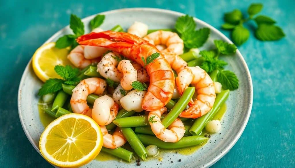 Salade de fèves à la menthe et langoustines à la citronnelle : recette savoureuse