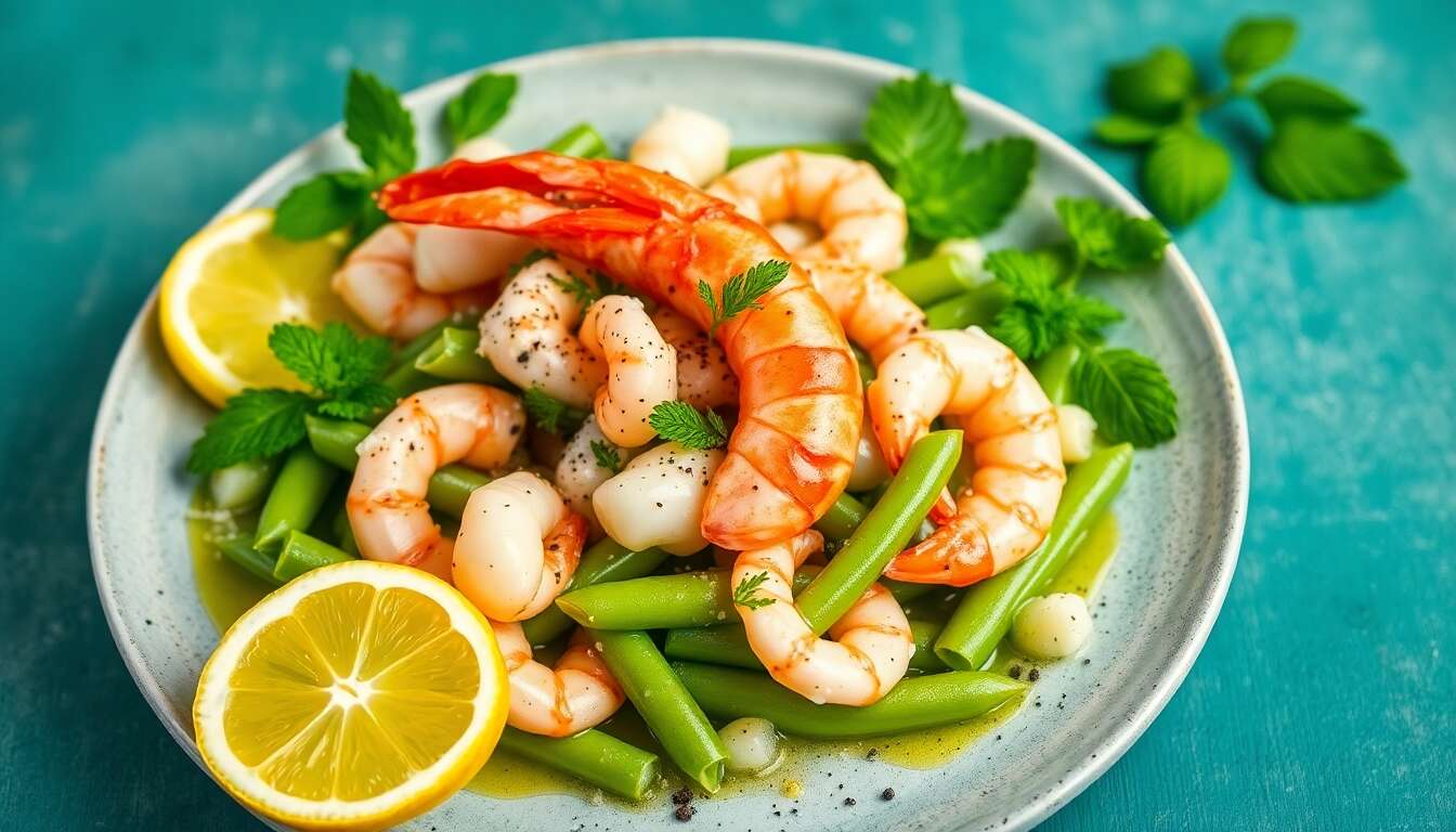 Salade de fèves à la menthe et langoustines à la citronnelle : recette savoureuse