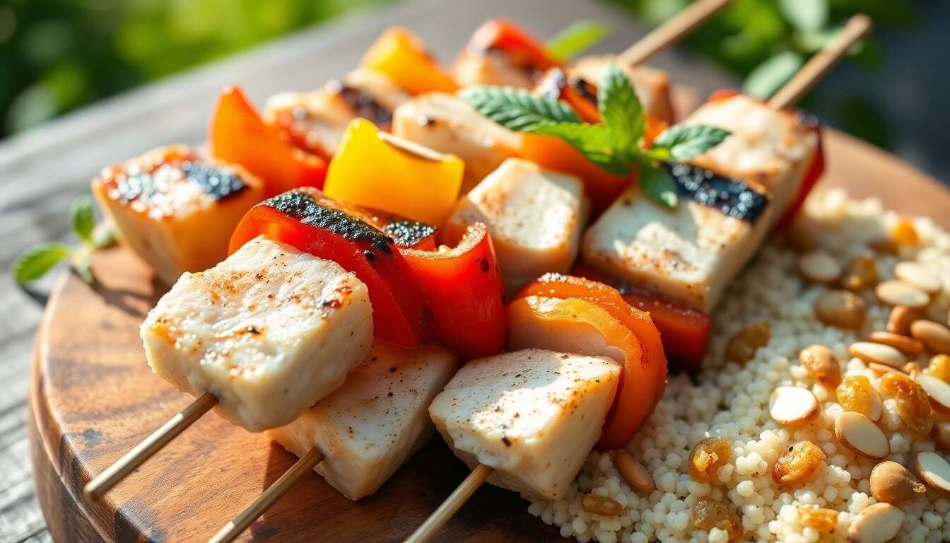 Recette de brochettes de lotte au barbecue, poivrons et semoule aux raisins
