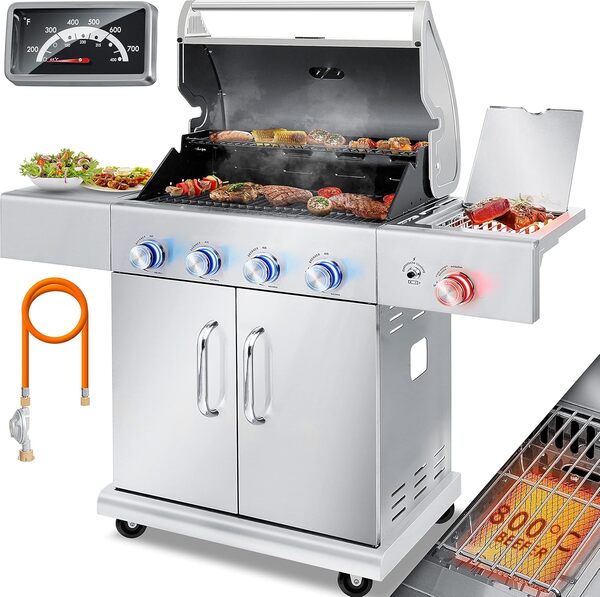 KESSER® Gril à gaz Master BBQ avec thermomètre 800°C infrarouge et gril, éclairage LED, céramique 4+1 brûleurs en acier inoxydable XXL Chariot à barbecue, brûleur latéral, bouteille de gaz, argent