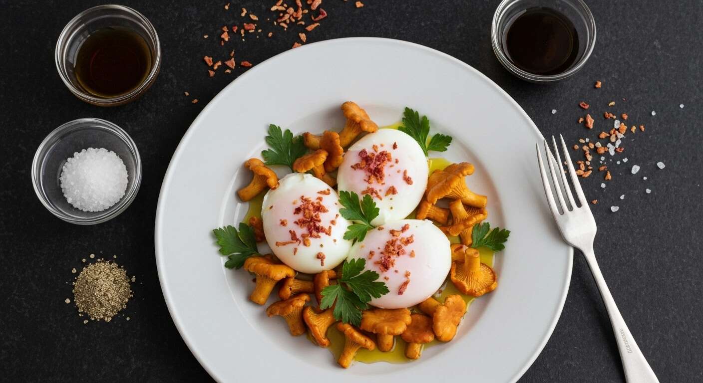 Œuf poché au thé noir, salade tiède de girolles